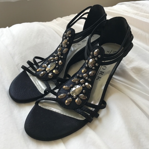 New York Transit Shoes - NWOT - Strappy Black Wedge Dress Heels